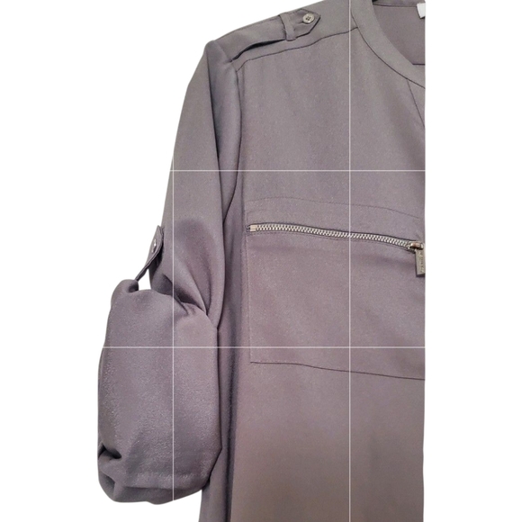Calvin Klein Gray Roll Tab Long Sleeve Button Down Blouse  Zipper Pockets Size L - Picture 10 of 10